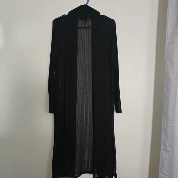 Long Open-Front Black Ribbed Cardigan - Picture 2 of 4